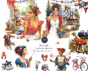 4th of July Clipart Bundle | Patriotic Americana Watercolor Clipart | Independence Day PNGs