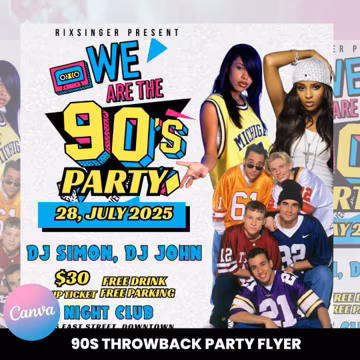 90s Throwback Party Flyer | Retro Birthday Invitation | DIY Canva Template | Back to the 90s Theme | Old School Hip Hop Club Party