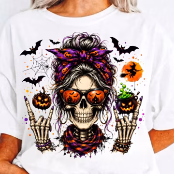 Spooky Skull Girl PNG, Halloween Skeleton Woman PNG, Messy Bun Skull Shirt Design, Gothic Halloween PNG, Spooky Season Digital Download