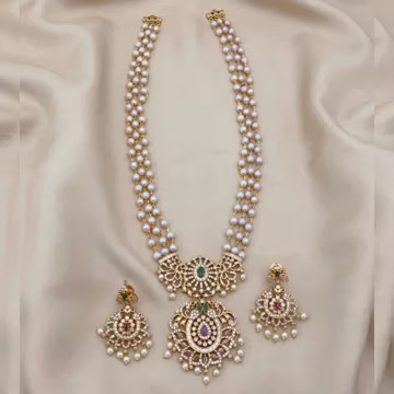 Long Necklace for Women, Unique Gold Plated Haram Jewelry Set, Pearl CZ Long Necklace South Indian Wedding Jewelry with Earrings Party Wear