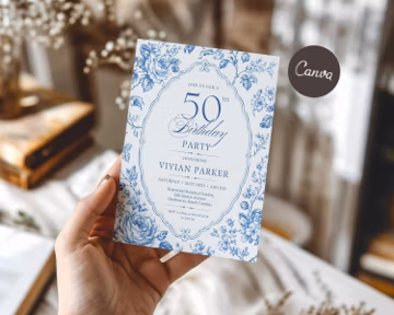 Blue Toile Floral Birthday Invitation Template, Chinoiserie Party Invites (Digital Download)