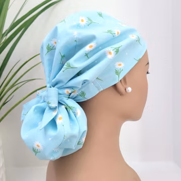 Daisies Satin Lined Scrub Hat: Ponytail Surgical Cap with Buttons Protect Hair with Satin Lined Scrub Cap