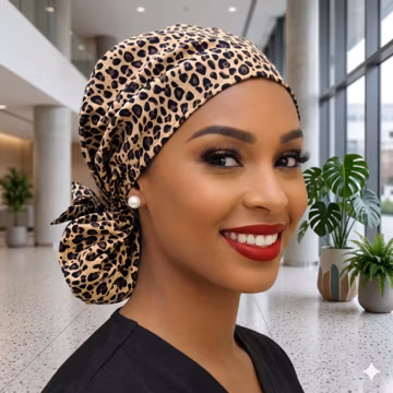 Leopard Satin Lined Ponytail Scrub Cap: Nurse Surgical Hat Protect Hair with Satin Lined Scrub Cap