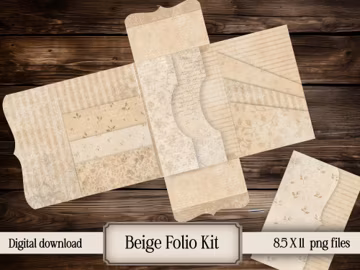 Beige Folio Kit digital printable stationery paper Neutral Junk Journal Ephemera Whimsical scrapbook Happy Mail Tag Envelope Background boho