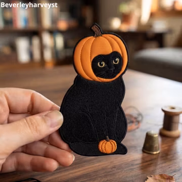 Black Cat Pumpkin Head Embroidered Patch, Cute Halloween Kitty Iron On Applique, Spooky Season Animal Badge, Cat Patch