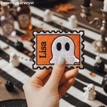 Custom Ghost Stamp Embroidered Patch, Personalized Name Halloween Iron On Applique, Spooky Cute Postage Stamp Badge