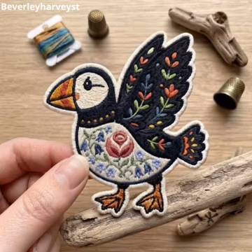 Floral Puffin Embroidered Patch, Folk Art Bird Iron On Applique, Botanical Animal Badge, Cute Seabird Embroidered Patch For Jacket