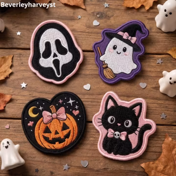 Spooky Cute Halloween Embroidered Patch Set, Pink Pastel Ghost and Black Cat Iron On Patch, Spooky Season Applique, Horror Movie Patch