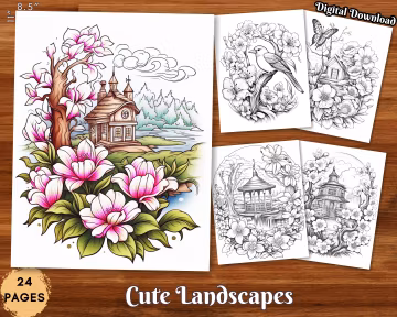 Cute Landscapes Adult Coloring Book Sticker Art Designs Grayscale Coloring Page Digital Download Printable Coloring Pages PDF