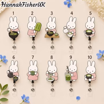 Cute Matcha Bunny Badge Reel, Kawaii Acrylic ID Holder, Nurse Teacher Badge Reel