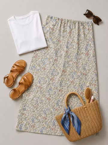Handmade Bias Cut Cotton Skirt — Ditsy Floral Pink Blue and Cream