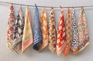Set of 10 Hand Block Print Cotton Bandanas, Natural Dyes, 20x20 Inch