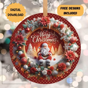 3D Santa Merry Christmas Ornament Sublimation PNG, Printable Winter Holiday Instant Digital Download, Wreath Door Hanger Round Holiday Decor