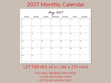 2027 Printable PDF Full Monthly Calendar | Landscape, Letter, Sunday Monday Start, for Goodnotes, Notability, Noteful