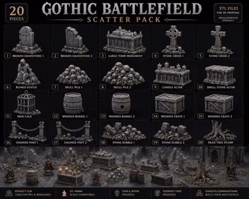 Gothic Dungeon Terrain Bundle STL | 20 Piece DnD Scatter Set