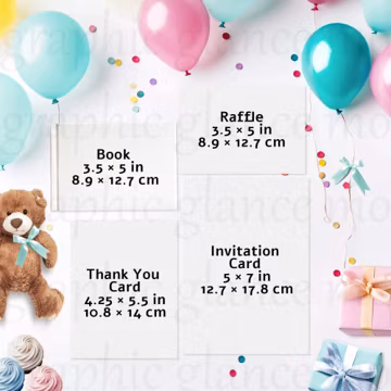 Baby Shower Set Mockup, Baby Shower Bundle, Book, Raffle, Thank You, Invitation Cards, PSD & Canva, Flatlay Scene, Balloons, Cupcakes, Bear