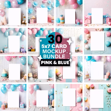 30 Gender Reveal Invite Card Mockup Bundle, 5x7 Invite Mockup, Pink & Blue, Card Invitation, Card Baby Shower Invitation, Gender Reveal, png