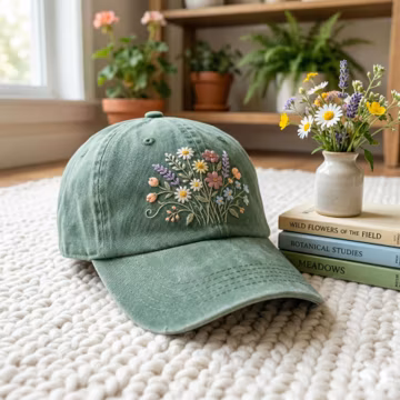 Floral Embroidered Hat: Wildflower Bouquet, Cottagecore Style Cap
