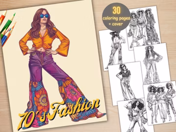 70's Fashion Style Coloring Book, Printable PDF, Vintage Fashion Women Coloring Pages, Grayscale Retro Coloring Book for Adults and Kids