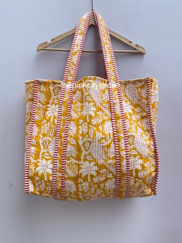 Handmade Quilted Cotton Tote Bag: Indian Block Print Shopper Hand Block Print Tote Bag - Quilted Organic Cotton Women Shoulder Bag Women's /