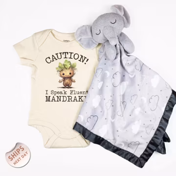 Caution I Speak Fluent Mandrake Baby Onesie®and blanket, Funny Caution Baby Bodysuit, Mandrake Wizard Baby Romper, Baby Shower Gift, 2001271
