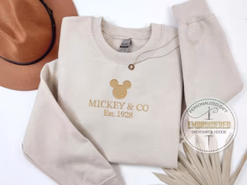 Disney Logo Embroidered Sweatshirt, Mickey Or Minnie & Co Est. 1928 Crewneck, Custom Thread Color, Gift For Disney Fans, Main Street Style