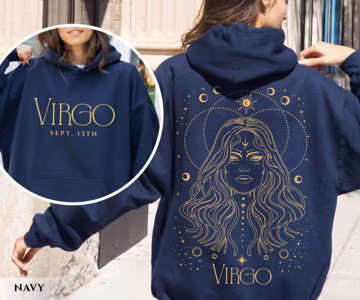 Personalized Virgo Hoodie Custom Birthdate Sweatshirt Celestial Line Art Zodiac Moon Phase Astrology Horoscope Fall Birthday Gift Her