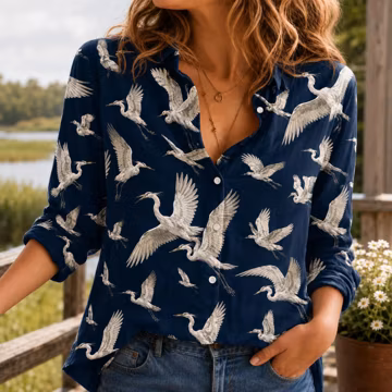 Crane Bird Blouse Shirt, Crane Bird Women Shirt, Crane Bird Ladies Top, Bird Lover Shirt, Nature Cottagecore Shirt, Gift For Her