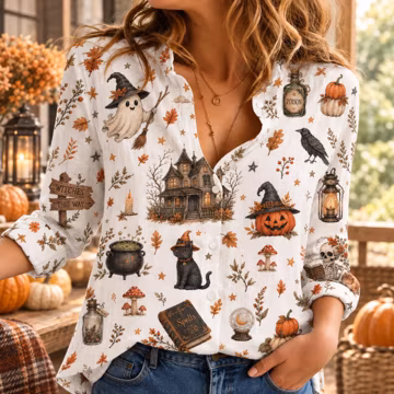 Vintage Halloween Linen Look Shirt, Pumpkin Ghost Button Up, Cute Spooky Autumn Blouse, Fall Halloween Outfit