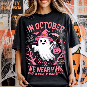 Pink Ribbon Halloween PNG, In October We Wear Pink Ghost Png, Breast Cancer Support Design for Sublimation and DIY Apparel, Halloween Png