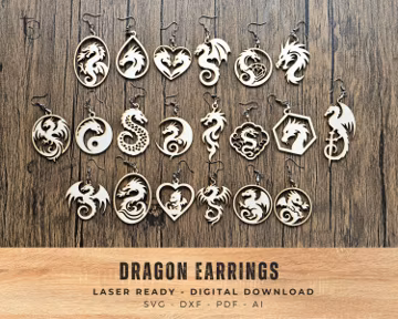 Wood Laser Cut Files Earrings: Dragon Earring SVG Bundle, Laser Ready, Acrylic Compatible, Jewelry Making, Digital Download for Crafters