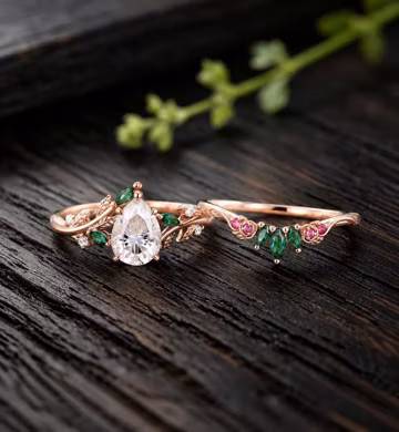 Pear Moissanite Engagement Ring Set Rose Gold Vine Emerald Wedding Band Unique Stacking Bridal Ring Leaf Anniversary Promise Gift for Her