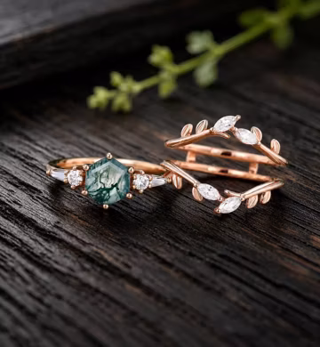 Hexagon cut Moss agate Engagement ring Rose Gold Engagement Ring stacking Double Diamonds Leaf Wedding bridal set Promise Gift For women