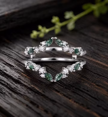 Double Curved Moss Agate Wedding Band 14K White Gold Marquise Diamond Ring Enhancer Guard Unique Vintage Stacking Promise Anniversary Ring