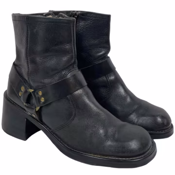 Vintage Harness Moto Boots Women 7.5 Black Leather Chunky Heel Square Toe Y2K