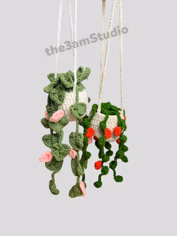 Crochet Boho Car Plant MonsteranRear view mirror hanging accessory / charm / basket / decoration. Handmade. Actual item ready to hang!