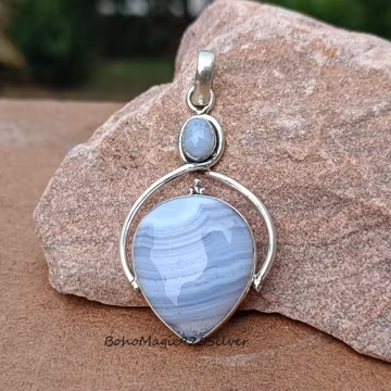 Blue Lace Agate Pendant: Handmade 925 Sterling Silver Gemstone Jewelry