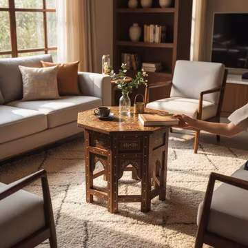 Bone Inlay Sagvan Wood Coffee Table, Boho Accent Table