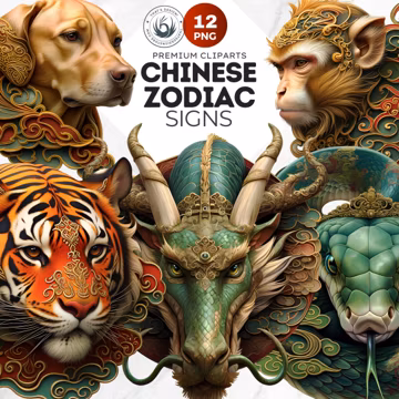 Chinese Zodiac Animal Cliparts: Lunar New Year Designs (PNG, Digital Download, Commercial Use)