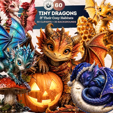 Tiny Dragons Clipart: Whimsical Fantasy PNGs, Cozy Habitats Backgrounds (Digital Download)