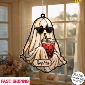 Personalized Boba Ghost Acrylic Suncatcher, Custom Name Halloween Window Hanging, Cute Bubble Tea Lover Spooky Gift