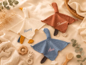 Custom Goose Baby Lovey with Embroidered Name, Personalized Muslin Security Blanket, Soft Newborn Comforter, Baby Shower Gift for Newborn