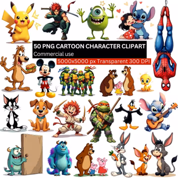 Cartoon Character Clipart PNG, 50 Kids Party Bundle, Superheroes, Cute Animals, Transparent Background, Digital Graphics, Sublimation