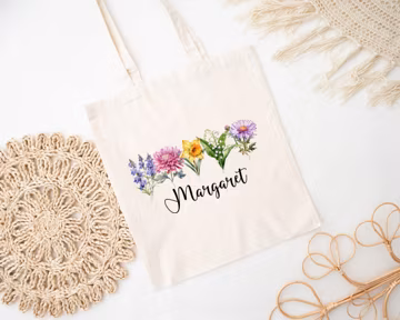 Personalized Tote Bag, Flower Tote Bag, Graphic Tote Bag, Custom Name Tote Bag, Holiday Bag, Mothers Day Gift, Valentines Day Gift