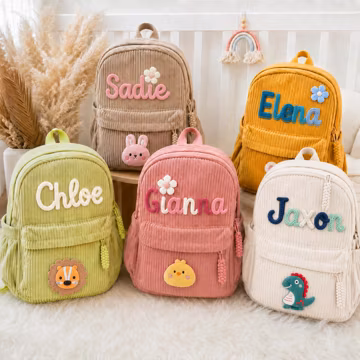 Personalized Corduroy Backpack: Hand-Crocheted Name, Toddler to School Age