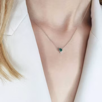 Solid Gold Emerald Necklace, Diamond Accent, May Birthstone, Minimalist Jewelry