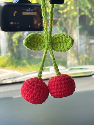 Crochet Cherry Car Mirror Hanging: Handmade Knitted Car Accessory