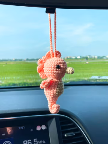 Crochet Seahorse Car Hanging, Handmade Amigurumi Seahorse Rearview Mirror Charm, Cute Ocean Animal Car Accessory, Beach Lover Gift