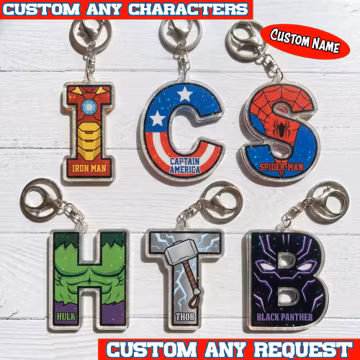 Custom Avengers Keychain, Personalized Superhero Letter Keychain, Iron Man Spider Man Captain America Hulk Thor Black Panther Gift for Kids