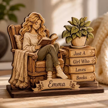 Custom Book Lover Wooden Figurine, Personalized Name Reading Girl Decor, Bookshelf Decoration, Book Lover Gift for Women, Reader Desk Decor
